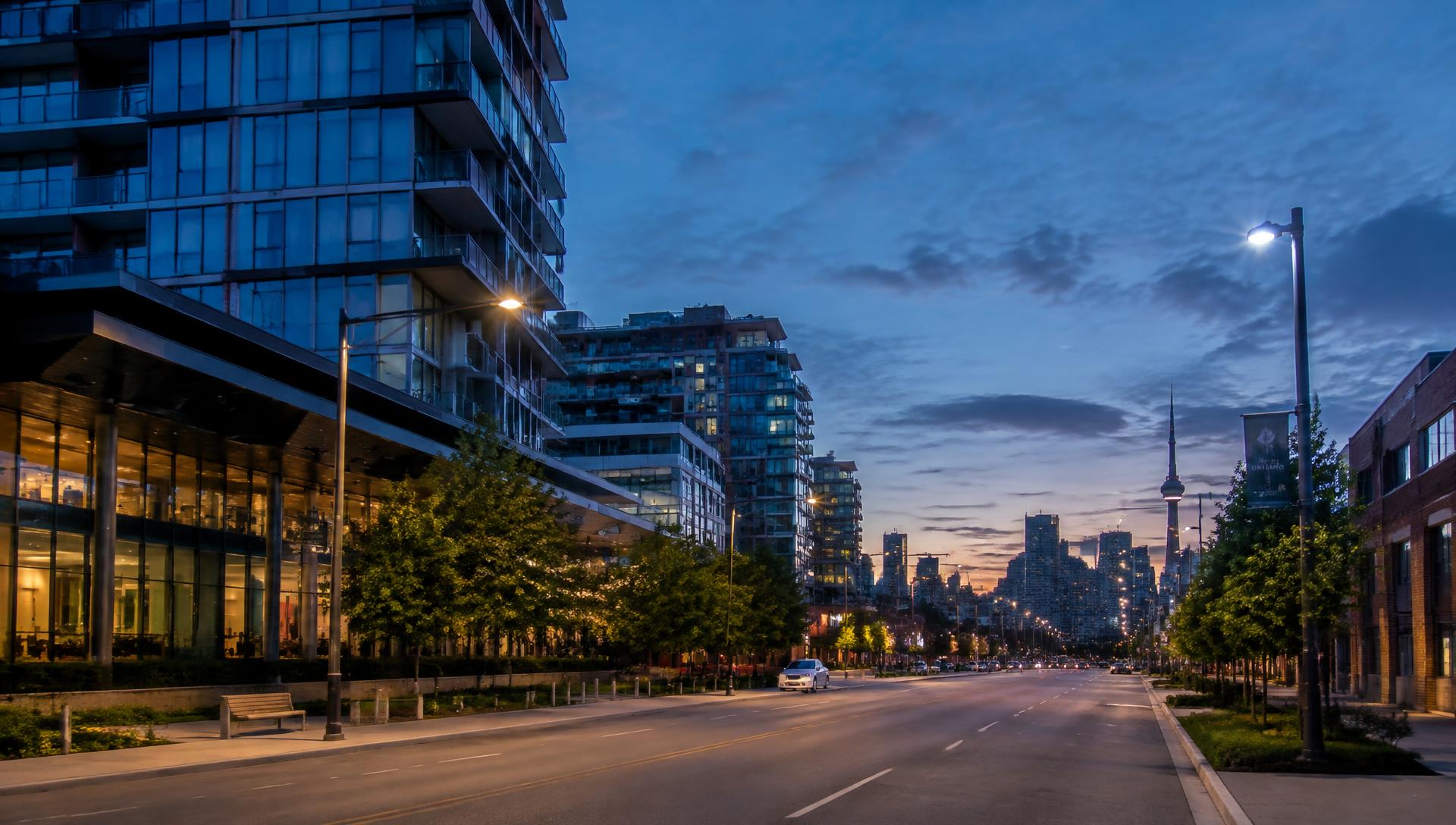 City street with LED streetlighting at dusk